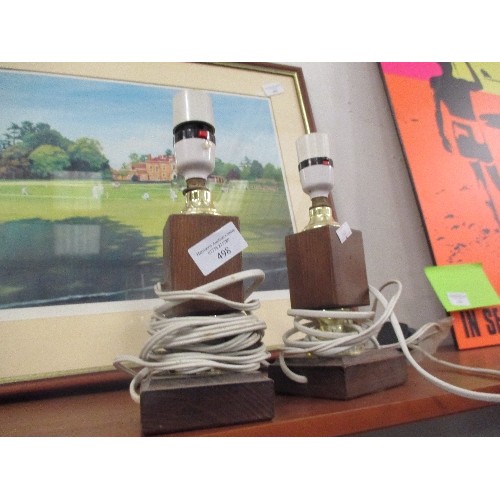 498 - PAIR OF WOODEN BLOCK & BRASS TABLE LAMPS