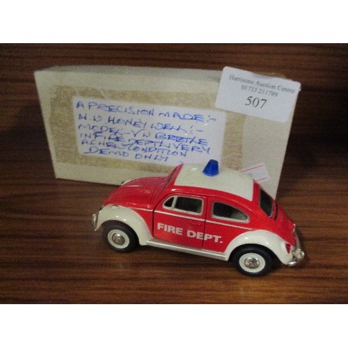 507 - H W HONEYWELL MODEL VW BEETLE IN FIRE DEPT LIVERY - VERY GOOD COND