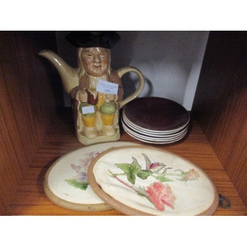 509 - VINTAGE LOT INC A TOBY JUG TEAPOT BY WOODS, PAIR OF EMBROIDERED FLOWER PANELS