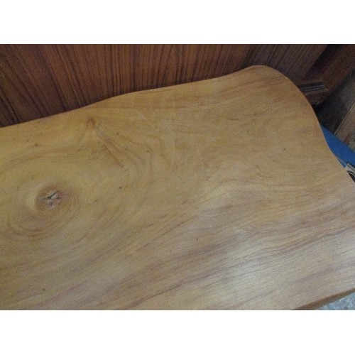 513 - NATURAL SOLID ELM COFFEE TABLE ON REFECTORY SHAPED BASE - 100CM X 43CM X 38CM