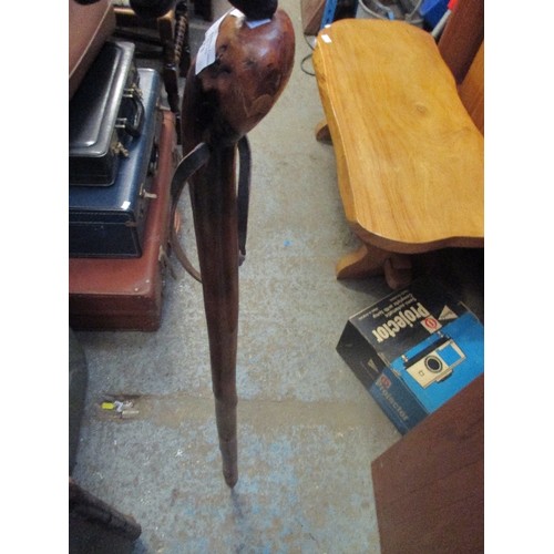 523 - A SHILLELAGH WALKING STICK WITH LEATHER WRIST STRAP AND SPIKE FERRULE TIP