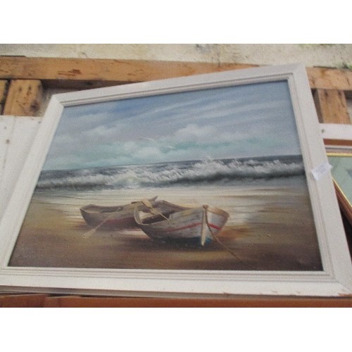 532 - 4 ORIGINAL PAINTINGS IN OIL AND WATERCOLOUR INCLUDING A SHORE SCENE WITH ROWING BOATS SIGNED BY THE ... 