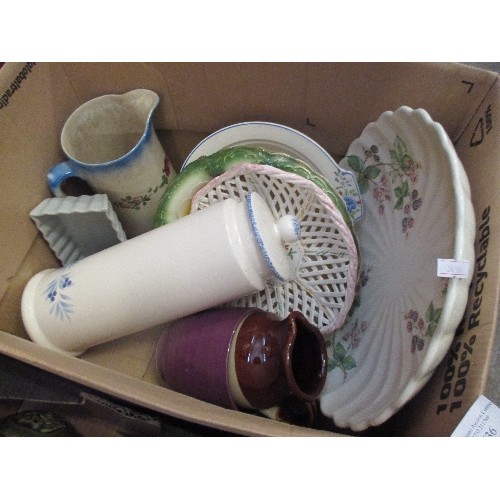 536 - 2 X BOXES OF MIXED CHINA AND GLASS INCLUDING PASTA JAR, BOWLS, HURRICANE LAMP ON CERAMIC BASE ETC