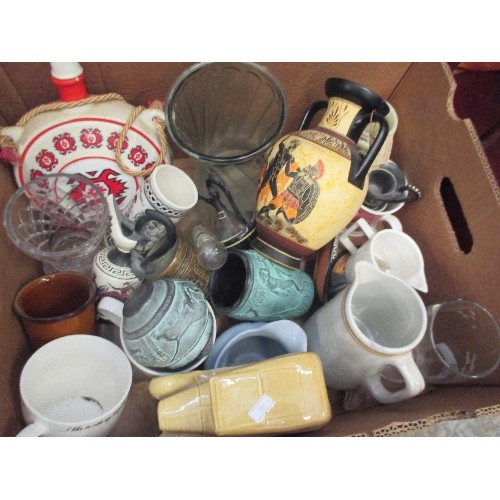 537 - BOX OF MISCELLANEOUS CHINA AND GLASS INCLUDING GREEK POTTERY, ETC