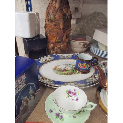 550 - SHELF OF MIXED ITEMS - MOSTLY CERAMICS, INCLUDES PAIR DECORATIVE VINTAGE MEAT PLATES, BLUE BICUIT BA... 