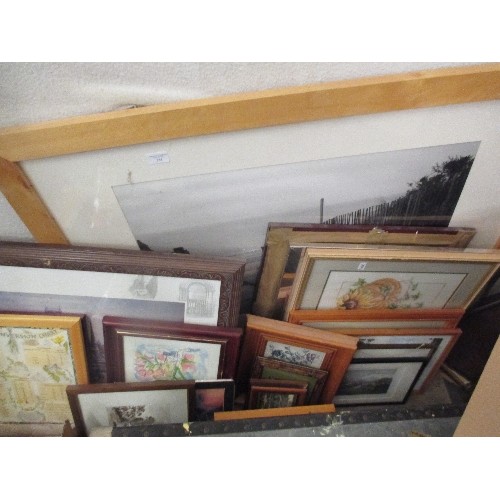 554 - QUANTITY OF FRAMED PICTURES AND PRINTS INCLUDING SOME ORIGINAL WORK, TAPESTRY ETC