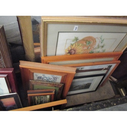 554 - QUANTITY OF FRAMED PICTURES AND PRINTS INCLUDING SOME ORIGINAL WORK, TAPESTRY ETC