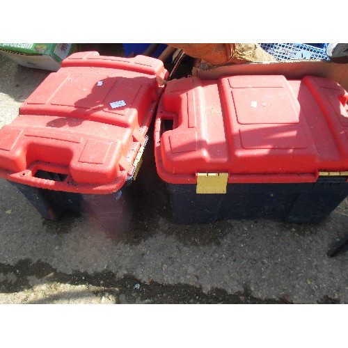 559 - 2 X HEAVY DUTY RED PLASTIC CRATES, SLEDGE HAMMER , SPANNERS ETC