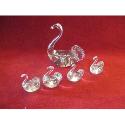 6 - 5 GLASS SWANS AND A MILLEFIORI PAPERWEIGHT