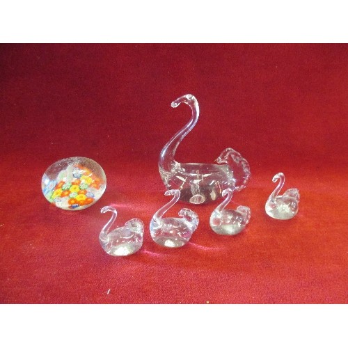 6 - 5 GLASS SWANS AND A MILLEFIORI PAPERWEIGHT