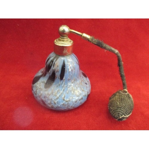 1 - LARGE GLASS PERFUME ATOMIZER - MOTTLED BLUE GLASS