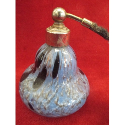 1 - LARGE GLASS PERFUME ATOMIZER - MOTTLED BLUE GLASS