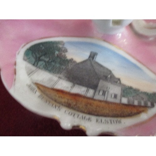 5 - A LATE 19TH CENTURY PINK LUSTRE PORCELAIN CHAMBER STICK DEPICTING JOHN BUNYAN'S COTTAGE, ELSTOW