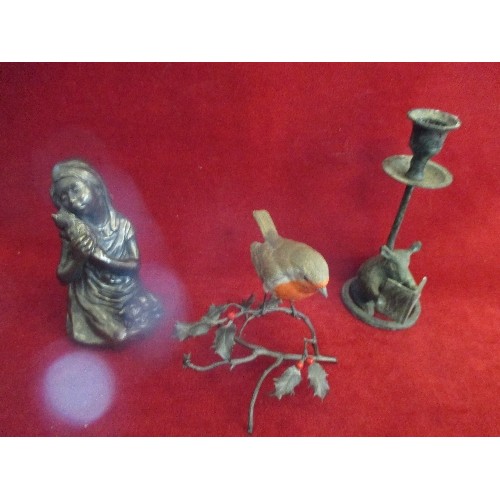 7 - 3 X DECORATIVE METAL SCULPTURES INCLUDING A BRONZE RESIN GIRL WITH CAT, PATINATED BRASS MOUSE CANDLE... 