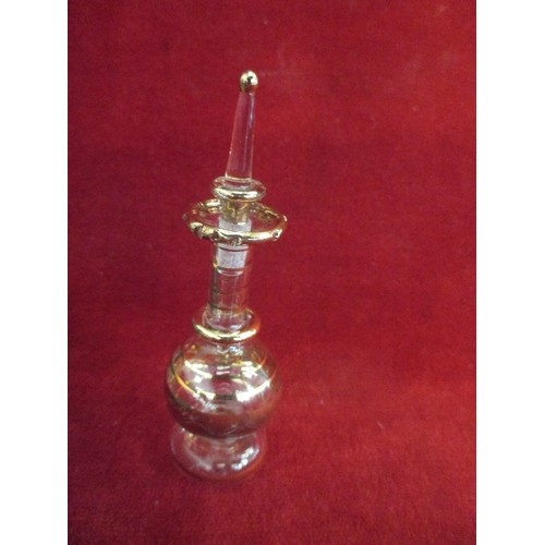 9 - FINE QUALITY TUNISIAN GLASS SCENT BOTTLE WITH GOLD BANDS - WITH A BOX - 10CM