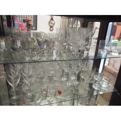 64 - 2 X SHELVES OF DRINKING GLASSES - WINE, SPIRIT, LIQUEUR ETC