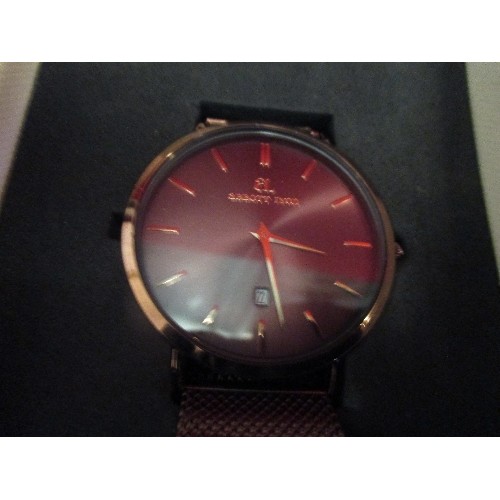 13 - ABBOTT LYON WRIST WATCH WITH COPPER COLOURED FACE AND STRAP WITH ORIGINAL BOX & PAPERWORK, TOGETHER ... 