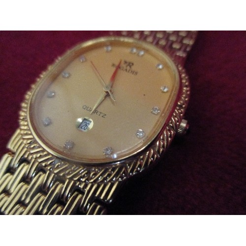 15 - LADIES SWISS ROGADIS WATCH WITH 24K GOLD PLATED FACE AND STRAP. FACE SET WITH CRYTSAL NUMERALS