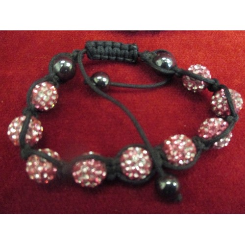 18 - 4 X HEMATITE SHAMBALLA BRACELETS IN PINKS, PURPLE, BLACK AND SILVER COLOURS