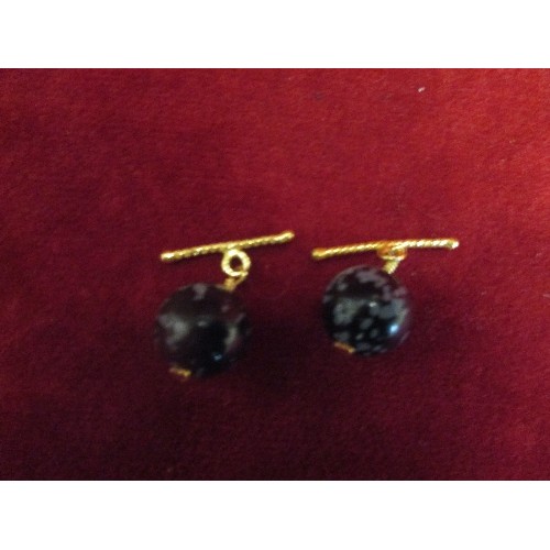 20 - PAIR OF LARGE GENUINE SNOWFLAKE OBSIDIAN STONE CUFFLINKS WITH GILT METAL T BARS - WITH BOX