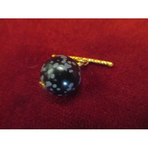 20 - PAIR OF LARGE GENUINE SNOWFLAKE OBSIDIAN STONE CUFFLINKS WITH GILT METAL T BARS - WITH BOX