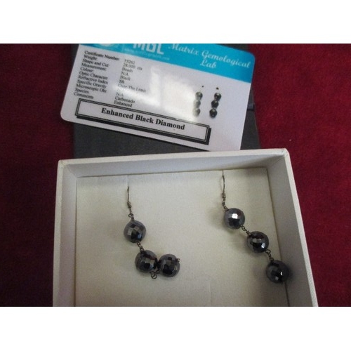 21 - 28 CTS ENHANCED BLACK DIAMOND 3 BEAD DROP EARRINGS WITH A NUMBERED LABORATORY CERTIFICATE