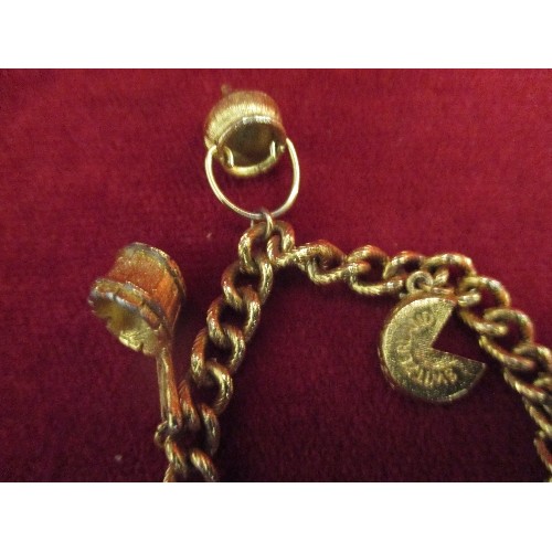 22 - GILT METAL CHARM BRACELET WITH COOKING POT, CHAMBERSTICK, SWISS CHEESE CHARMS