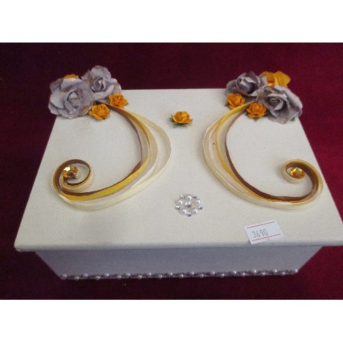 23 - DECORATIVE JEWELLERY BOX WITH PAPER FLOWER DESIGN WITH CONTENTS OF COSTUME JEWELLERY, KEYRING WATCHE... 