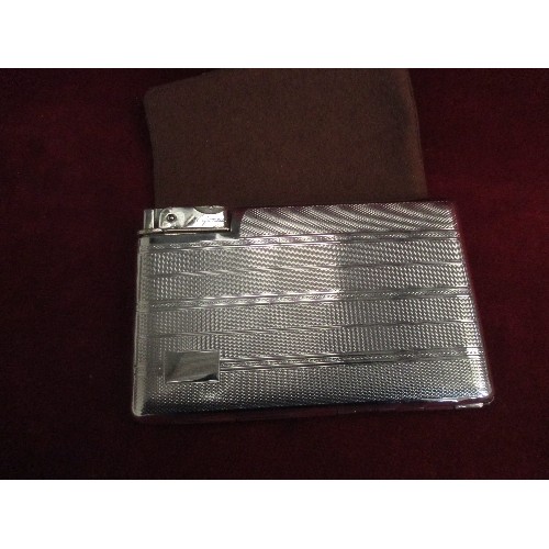 26 - VINTAGE CHROME PLATED ENGINE TURNED CIGARETTE CASE AND LIGHTER BY SEIGNEUR - IN GOOD CONDITION WITH ... 