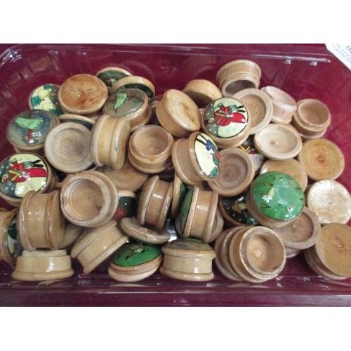 30 - COLLECTION OF TURNED WOOD, HAND PAINTED PILL OR RING BOXES - ALL DIFFERENT DESIGNS