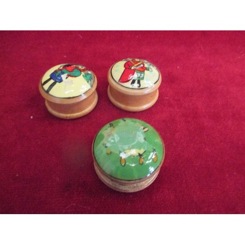 30 - COLLECTION OF TURNED WOOD, HAND PAINTED PILL OR RING BOXES - ALL DIFFERENT DESIGNS