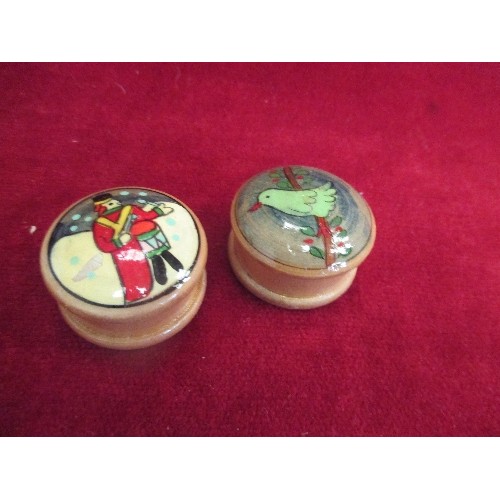 30 - COLLECTION OF TURNED WOOD, HAND PAINTED PILL OR RING BOXES - ALL DIFFERENT DESIGNS