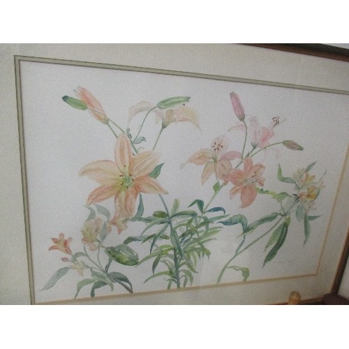 63 - LARGE FRAMED AND GLAZED WATERCOLOUR OF PINK LILIES BY NORMA PATON - 90CM X 68CM