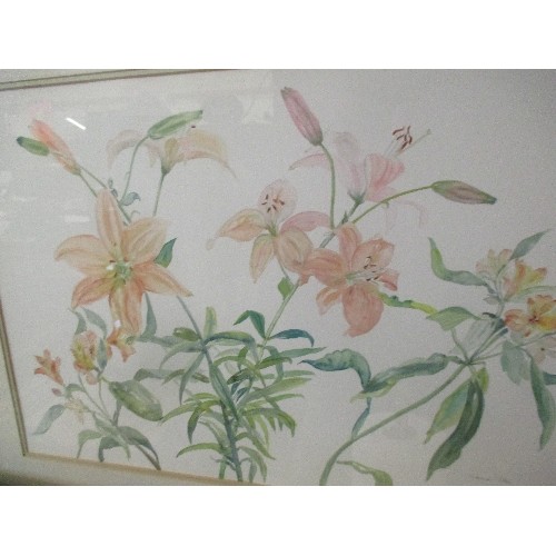 63 - LARGE FRAMED AND GLAZED WATERCOLOUR OF PINK LILIES BY NORMA PATON - 90CM X 68CM