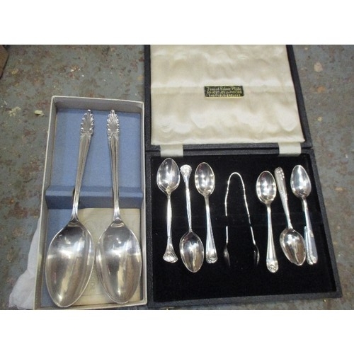 544 - BOX CONTAINING RED KITCHEN SCALES, VINTAGE SILVER PLATED SERVING SPOONS, 3 SETS OF QUALITY EPNS TEAS... 