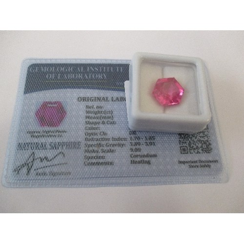 37 - ORIGINAL LABORATORY MADE PINK SAPPHIRE, 10.40CT WITH CERTIFICATE