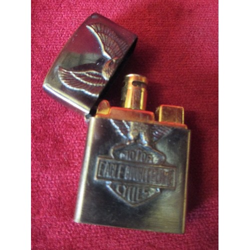 96 - COLLECTION OF 4 VINTAGE CIGARETTE LIGHTERS INCLUDING DAVIDOFF CIGARETTES, MOTOR CYCLES EAGLE DOUBLEF... 