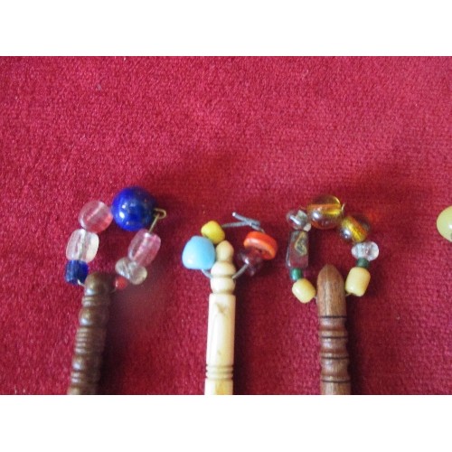 120 - COLLECTION OF 8 VICTORIAN LACE BOBBINS WITH GLASS BEAD SPANGLES, 4 ARE BONE AND 4 TURNED WOOD