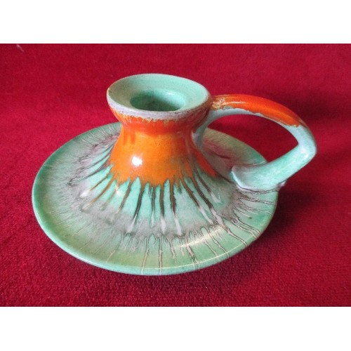 1 - 1930'S SHELLEY ORANGE AND GREEN DRIP GLAZE CHAMBERSTICK