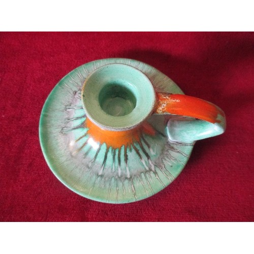 1 - 1930'S SHELLEY ORANGE AND GREEN DRIP GLAZE CHAMBERSTICK