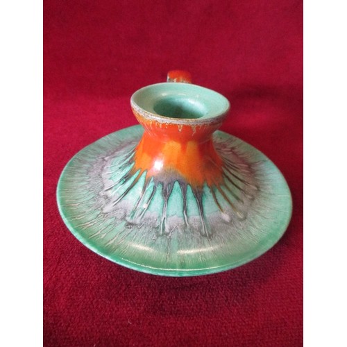 1 - 1930'S SHELLEY ORANGE AND GREEN DRIP GLAZE CHAMBERSTICK