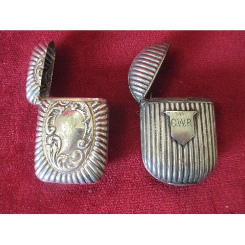 99 - 2 LATE 19TH CENTURY SILVER PLATED VESTA CASES - ONE OF OVAL FORM & RIBBED DESIGN WITH GWR (GREAT WES... 