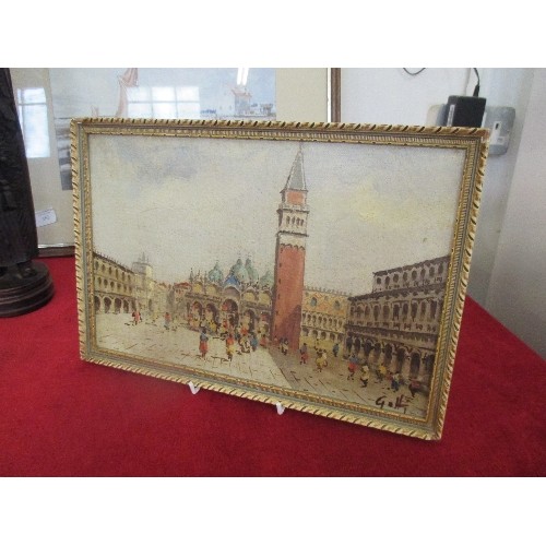 166 - SMALL MID 20TH CENTURY OIL ON BOARD OF ST MARKS SQUARE, VENICE - SIGNED 