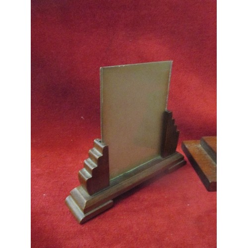 360 - AN ART DECO WOODEN PHOTOGRAPH FRAME AND A PAIR OF ART DECO WOODEN BOOKENDS