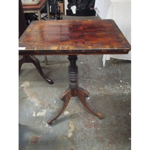 404 - GEORGIAN TRIPOD TABLE WITH PARQUETRY VENEERED TOP - RING TURNED COLUMN - SOME SPLITS TO TOP & COLUMN... 