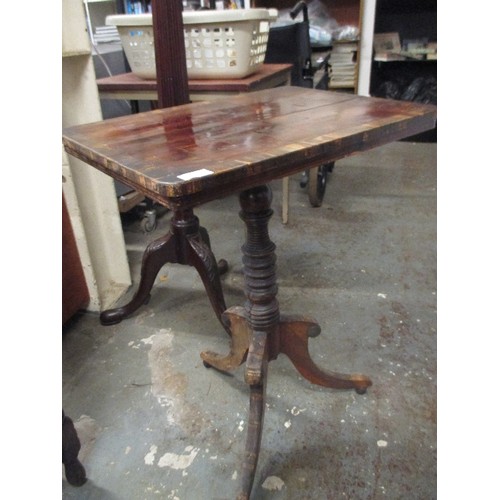 404 - GEORGIAN TRIPOD TABLE WITH PARQUETRY VENEERED TOP - RING TURNED COLUMN - SOME SPLITS TO TOP & COLUMN... 