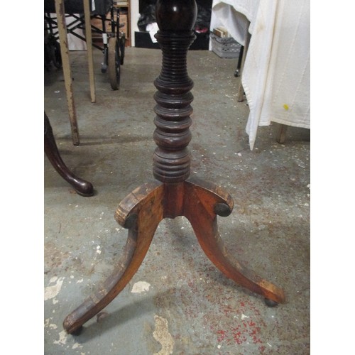 404 - GEORGIAN TRIPOD TABLE WITH PARQUETRY VENEERED TOP - RING TURNED COLUMN - SOME SPLITS TO TOP & COLUMN... 