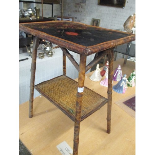 403 - EARLY 20TH CENTURY BAMBOO SIDE TABLE THE ORIGINAL LACQUERED TOP HAND DECORATED WITH FLOWERS IN ORIEN... 