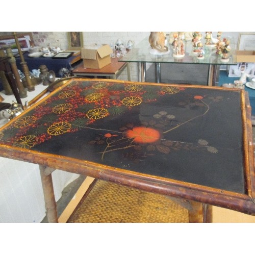 403 - EARLY 20TH CENTURY BAMBOO SIDE TABLE THE ORIGINAL LACQUERED TOP HAND DECORATED WITH FLOWERS IN ORIEN... 