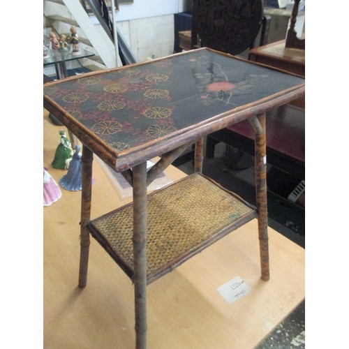 403 - EARLY 20TH CENTURY BAMBOO SIDE TABLE THE ORIGINAL LACQUERED TOP HAND DECORATED WITH FLOWERS IN ORIEN... 